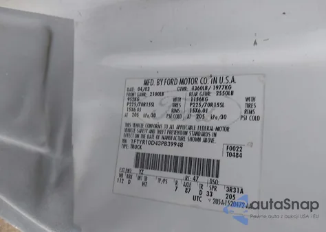 2003 Ford Ranger Xl/Xlt из США, поврежденный, VIN 1FTYR10D43PB39948